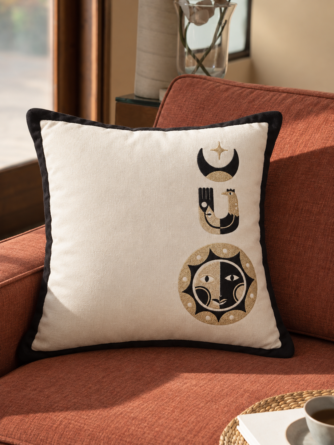 Golden trio embroidered cushion