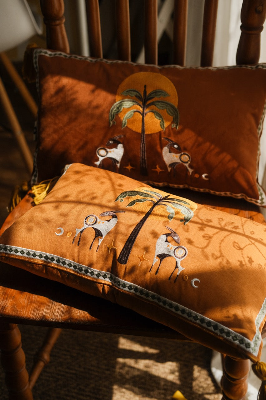The hidden oasis velvet embroidered cushion
