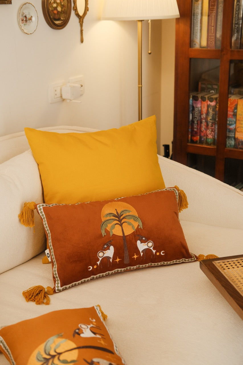 The hidden oasis velvet embroidered cushion